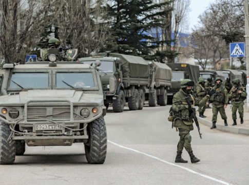 Soldiers military vehicles Russian Sevastopol Ukraine city, March 1, 2014