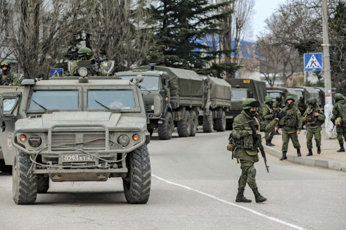 Soldiers military vehicles Russian Sevastopol Ukraine city, March 1, 2014