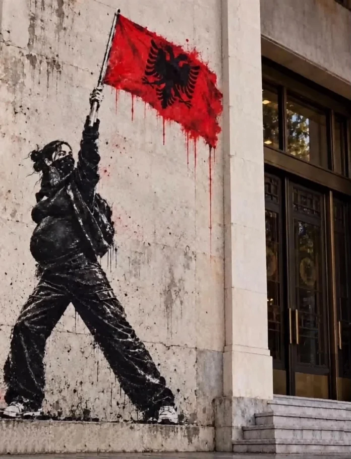 Gruaja shtatzënë në protestë - murale Gruaja shtatzënë në protestë - murale